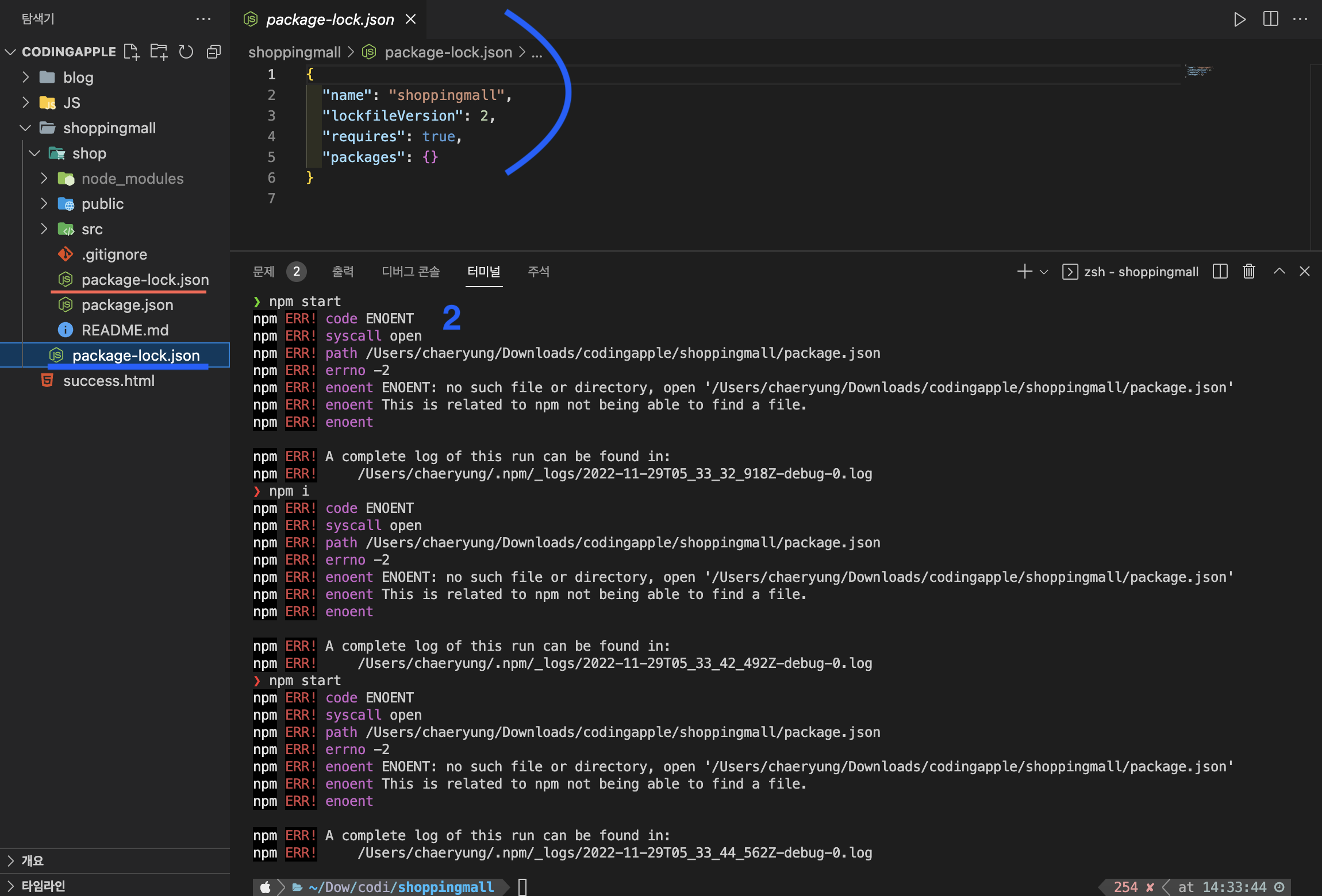 package-lock.json 파일이 2개 있음